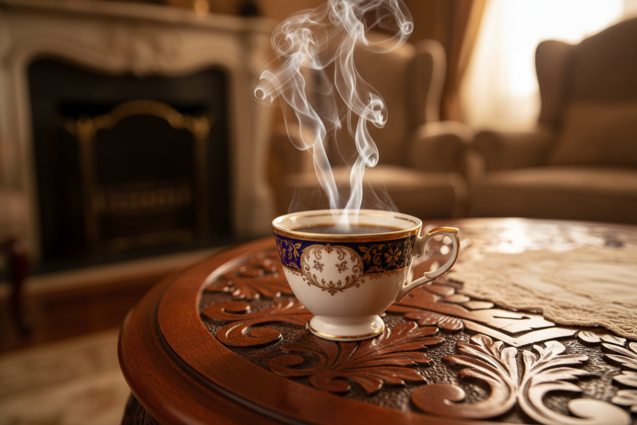 generate an image of a steaming cup of coffee on an ornately decorated table