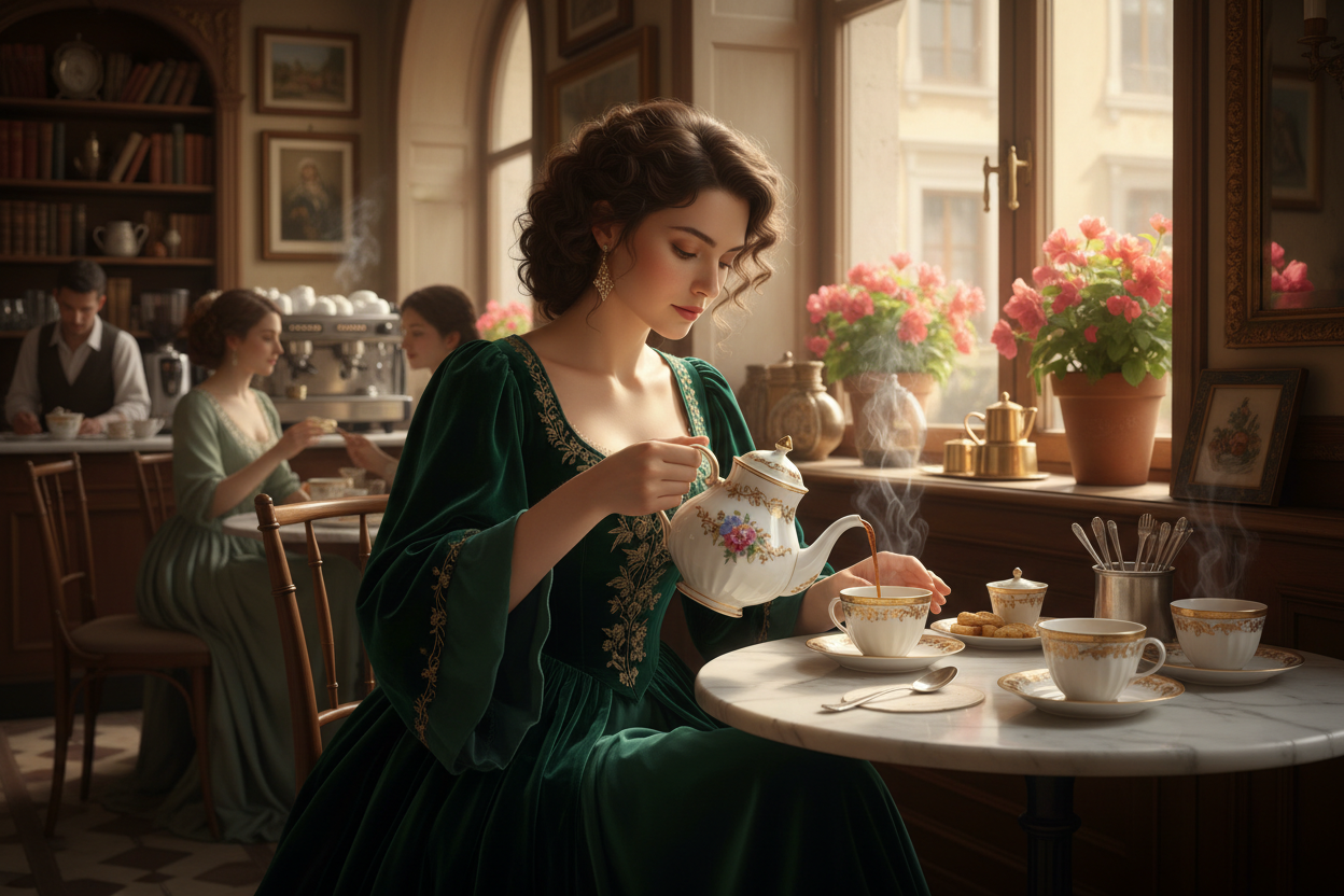 woman dressed in elegant dress in an italian cafe with an ornate porcelain coffee pot pour steaming cups of coffee into ornate porcelain coffee cups